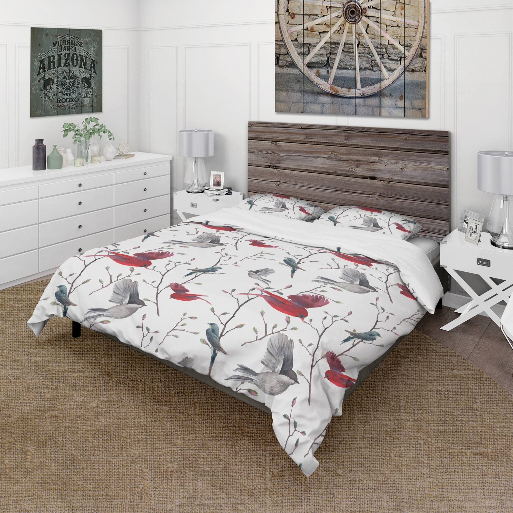 Designart 'Pattern with Birds' Farmhouse Bedding Set
